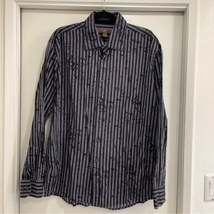 Blue black long sleeve men’s shirt w velvet splatter. XL